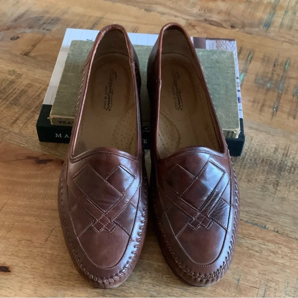 Santoni Mens Leather Interwoven Design almond toe Brown loafers Size 10